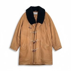 Vintage Tan Leather Duffle Coat Sherpa Collar Toggle XL Philippe Monet Mens